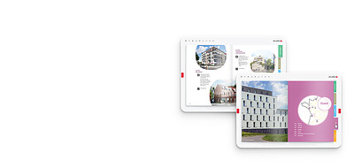 Two tablets showing a real estate brochure with coloured tabs on the edge of the pages
