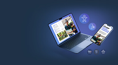 Accessible Fluidbook on a laptop and a smartphone, with the RGAA, EAA and WCAG labels