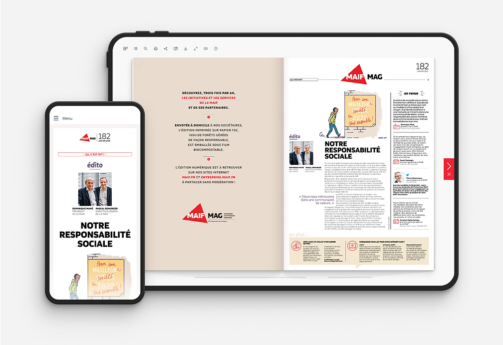 MAIF magazine as a Fluidbook: double page on a tablet and Mobile First version on a smartphone